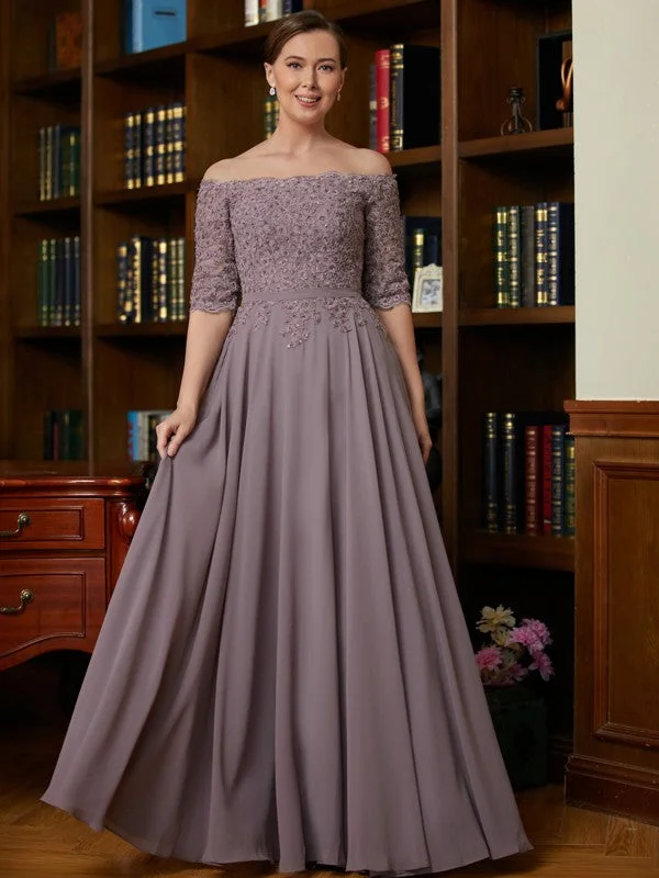 Gertie A-Line/Princess Chiffon Applique Off-the-Shoulder 3/4 Sleeves Floor-Length Mother of the Bride Dresses STIP0020308 Gertie A-Line/Princess Chiffon Applique Off-the-Shoulder 3/4 Sleeves Floor-Length Mother of the Bride Dresses STIP0020308
