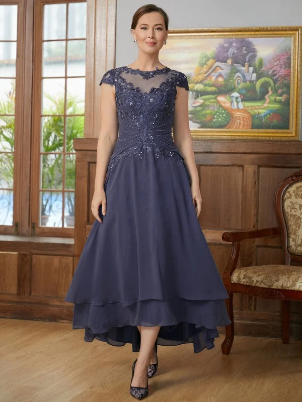 Averie A-Line/Princess Chiffon Applique Scoop Short Sleeves Asymmetrical Mother of the Bride Dresses STIP0020307 Averie A-Line/Princess Chiffon Applique Scoop Short Sleeves Asymmetrical Mother of the Bride Dresses STIP0020307