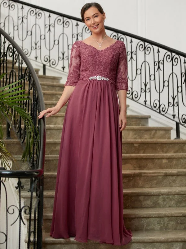 Jolie A-Line/Princess Chiffon Lace V-neck 3/4 Sleeves Floor-Length Mother of the Bride Dresses STIP0020306 Jolie A-Line/Princess Chiffon Lace V-neck 3/4 Sleeves Floor-Length Mother of the Bride Dresses STIP0020306