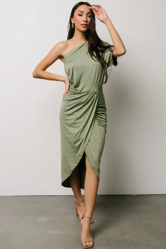 Addison Midi Dress | Dusty Sage Trendy Ruched Side Midi Dress