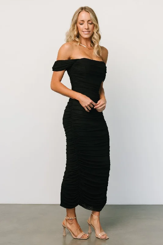 Alessandra Mesh Midi Dress | Black Trendy Long Sleeve Midi Dress