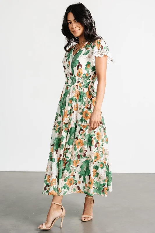 Aliyah Midi Dress | Green Floral Comfortable Lace-Up Midi Dress