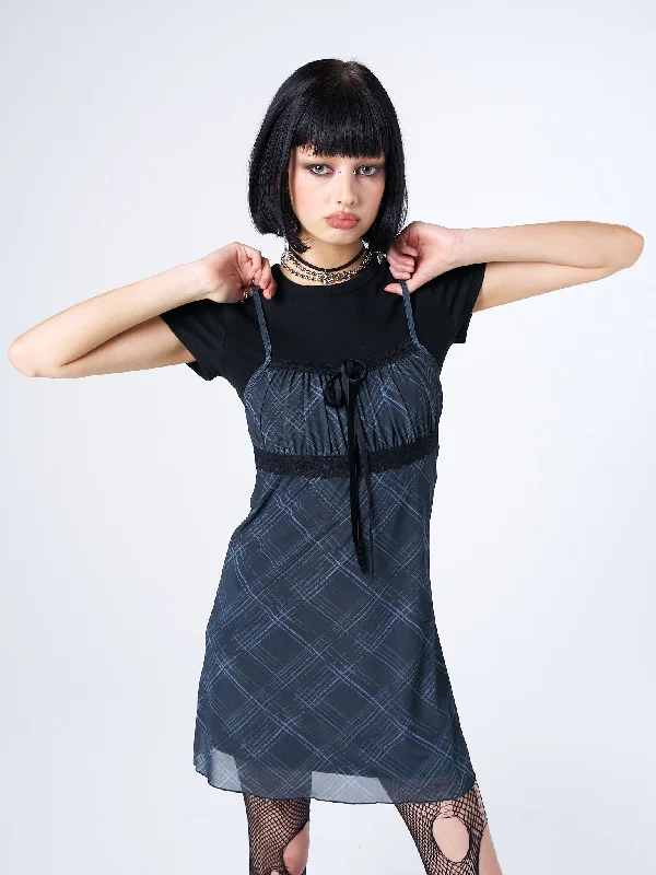 Amber Tartan Lace Trim Mini Dress Cozy Cotton Mini Dress