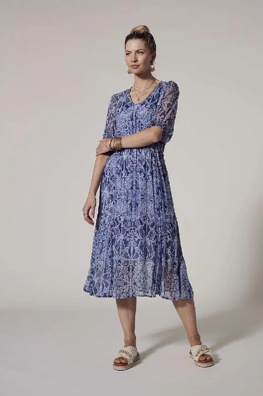 Pre Order Arezzo Midi Dress in Indigo Multi LS2758 by Loobie's Story Elegant Sleeveless Midi Dress