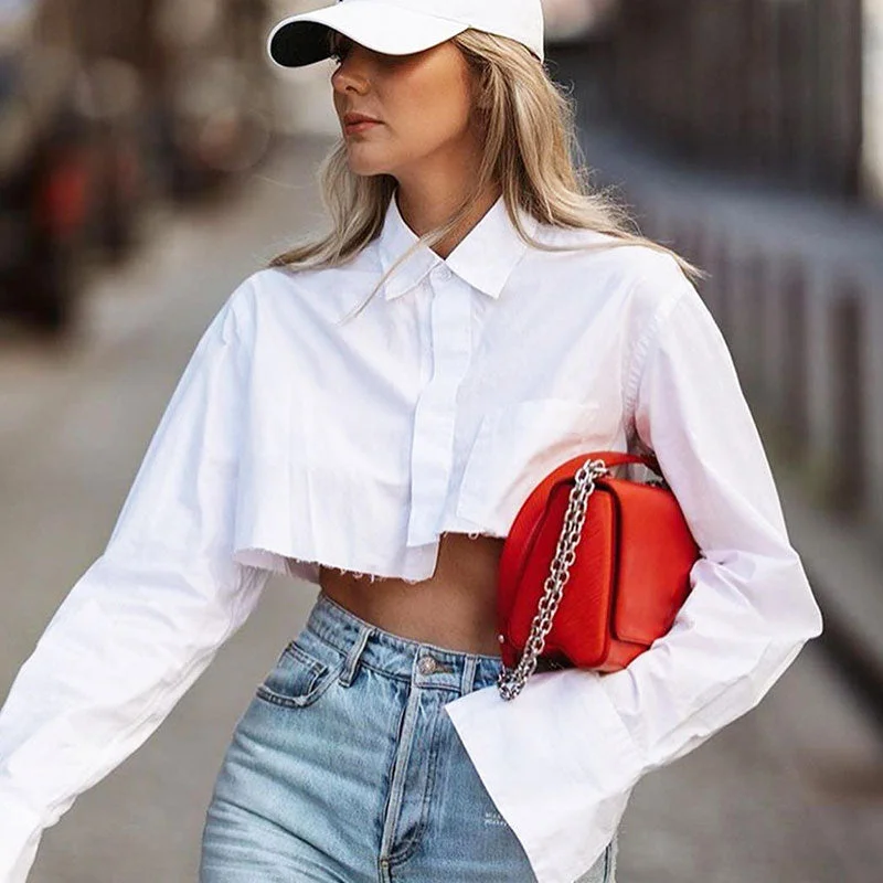 Asymmetrical Raw Hem Pocket Detail Long Sleeve Collared Button Up Crop Shirt Trendy Sleeveless Short Shirt