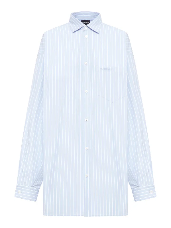 ASYMMETRIC SHIRT COTTON STRIPE POPLIN Trendy Button-Front Short Sleeve