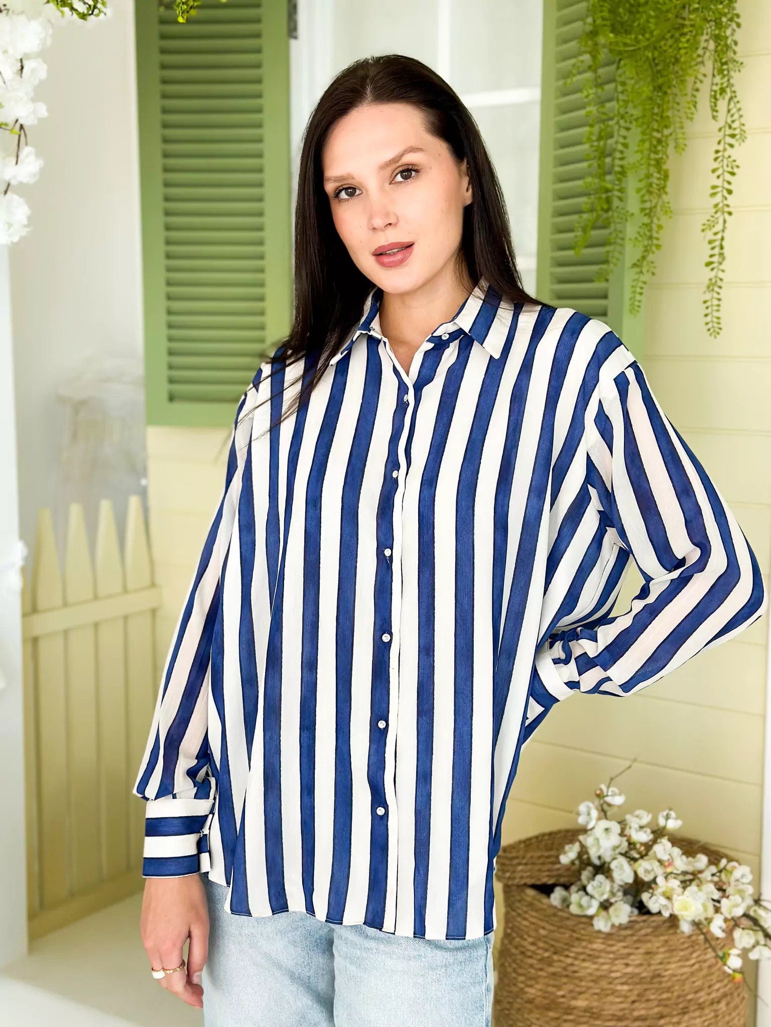 Bengal Stripe Shirt Elegant Draped Short Shirt