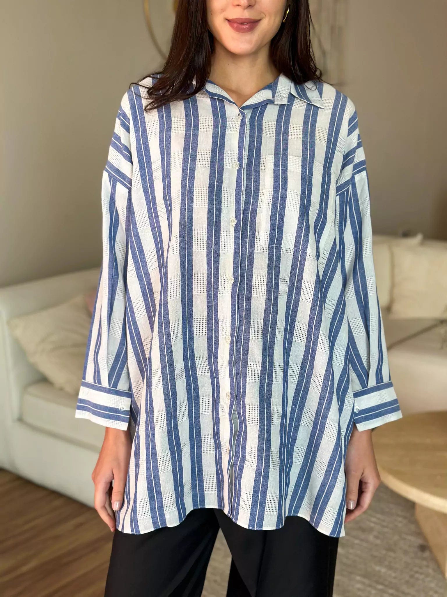 Blue Stripes Button Down Long Shirt Stylish Split-Hem Short Shirt