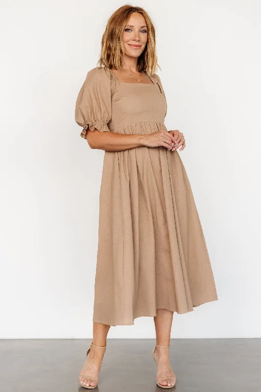 Britton Midi Dress | Tan Trendy Off-Shoulder Ruffle Midi Dress