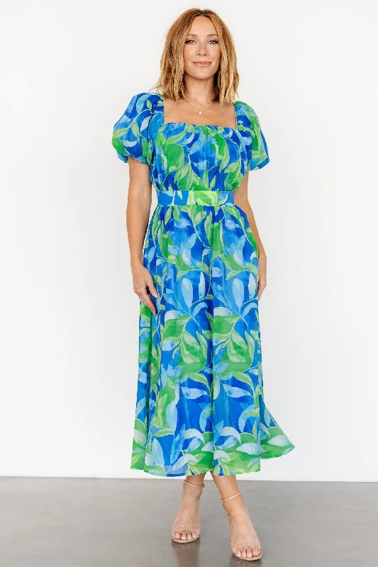 Catalina Midi Dress | Blue + Green Trendy Mock Neck Midi Dress