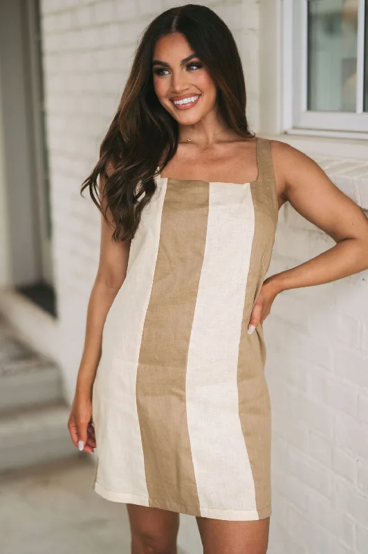 Color Block Mini Dress- Brown/Cream Elegant Vintage Mini Dress