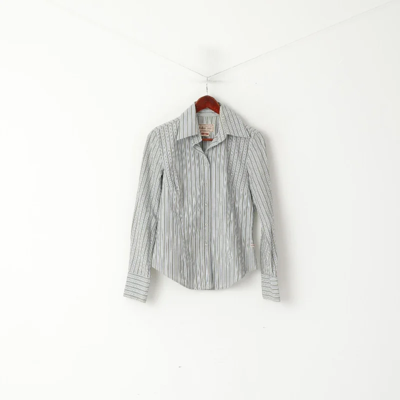 Marlboro Classics Women M Casual Shirt Blue Striped  Cotton Extra Slim Long Sleeve Top Elegant Button-Down Short Shirt