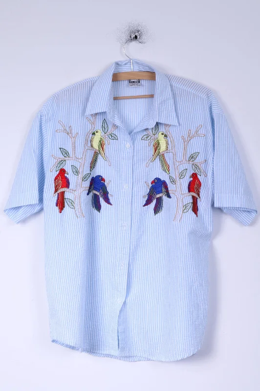 O//So Club Womens L Casual Shirt Cotton Blue Striped Embroidered Birds Classic Denim Short Sleeve