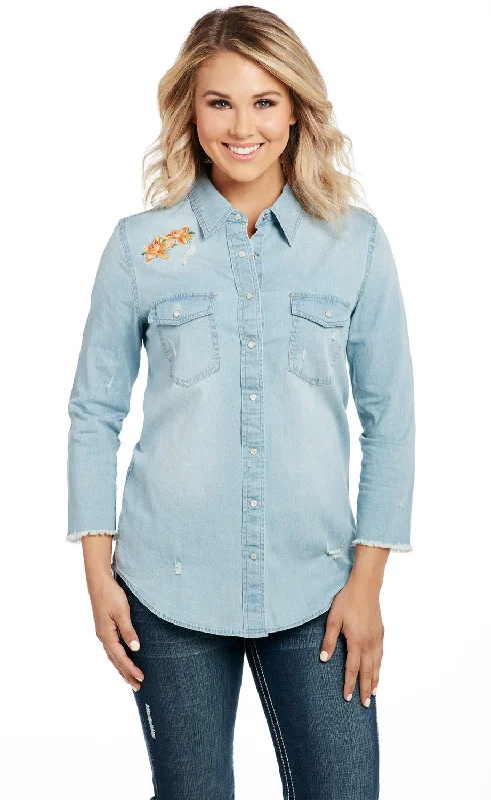 Cowgirl Up Womens Blue Cotton Blend Stonewash Raw Western Shirt S/S Relaxed Fit Short Blouse