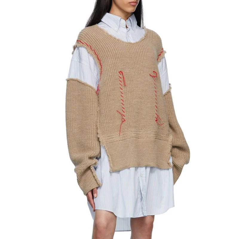 Deconstructed Frayed Trim Contrast Stitch Layer Effect Oversized Shirt - Stripe Stylish Crew Neck Shirt