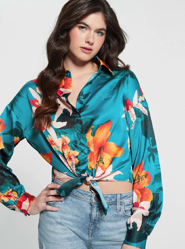 Eco Green Floral Bowed Jun Shirt Fashionable Sheer Short Shirt