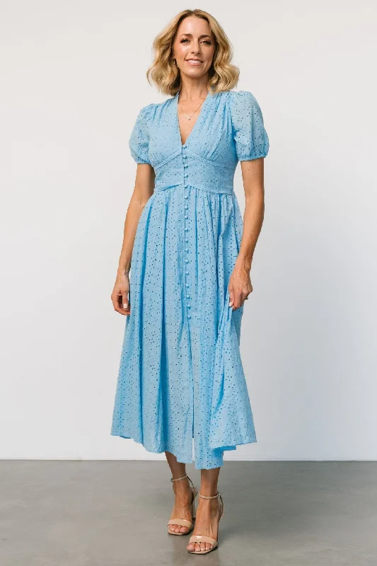 Esther Eyelet Midi Dress | Blue Stylish Halter Neck Midi Dress