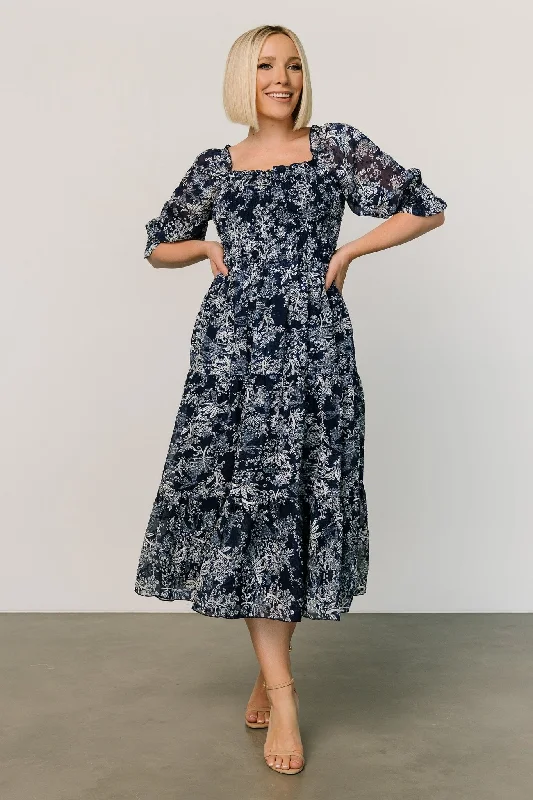 Fabian Jacquard Midi Dress | Indigo Print Elegant Pleated Sleeve Midi Dress