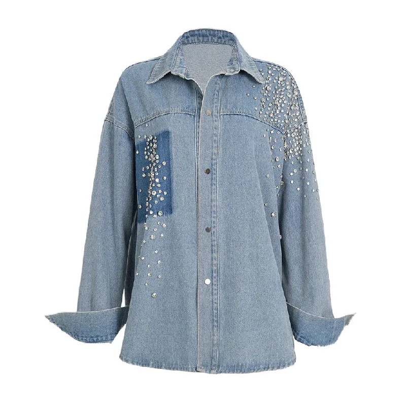 Glittering Rhinestone Long Sleeve Collared Button Front Oversized Denim Shirt Cozy Printed Short Shirt