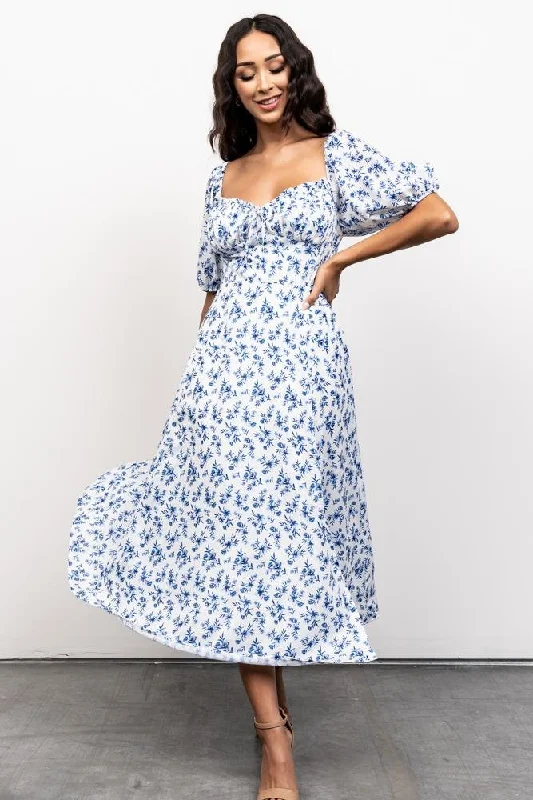 Gwen Smocked Midi Dress | Blue Floral Trendy Off-Shoulder Button Midi Dress