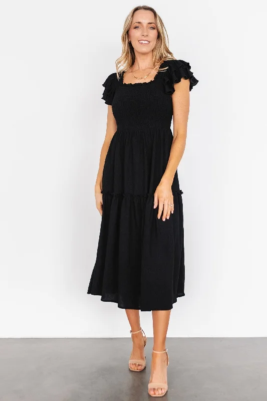 Jacie Smocked Midi Dress | Black Elegant Pleated Detail Midi Dress