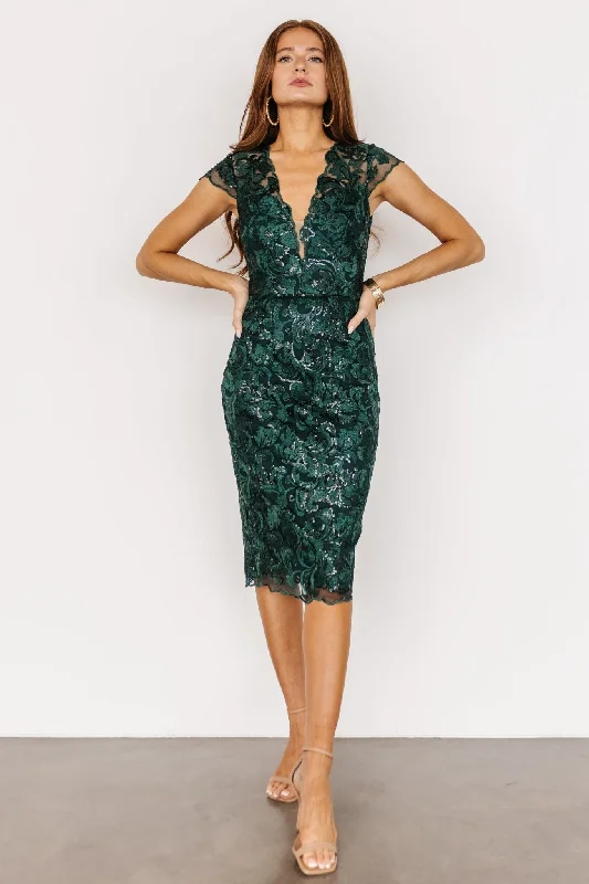 Jacqueline Embossed Midi Dress | Emerald Elegant Floral Midi Dress