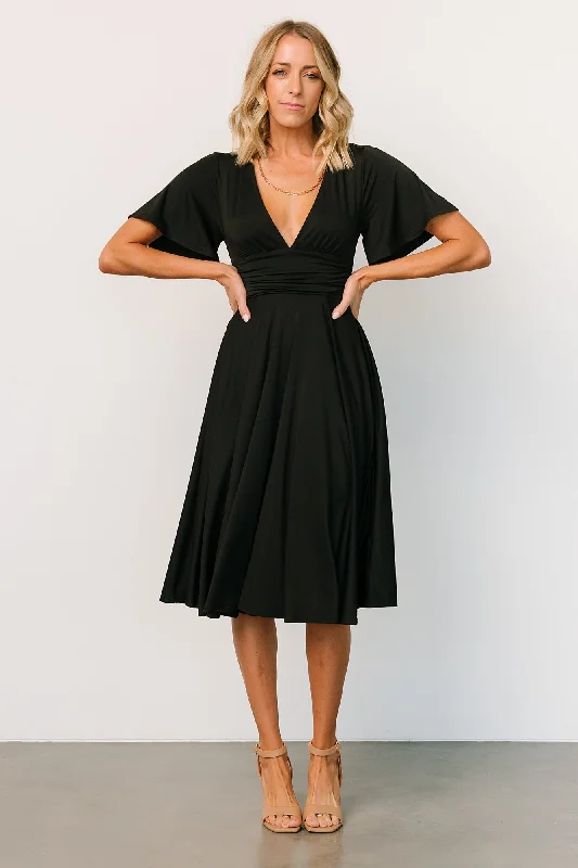 Janette Midi Dress | Black Cozy Spaghetti Strap Midi Dress