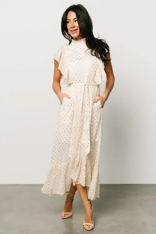 Jerika Midi Dress | Natural + Gold Trendy Boho Midi Dress