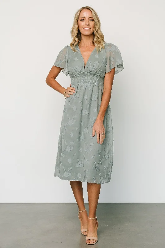 June Smocked Midi Dress | Eucalyptus Elegant V-Neck Midi Dress