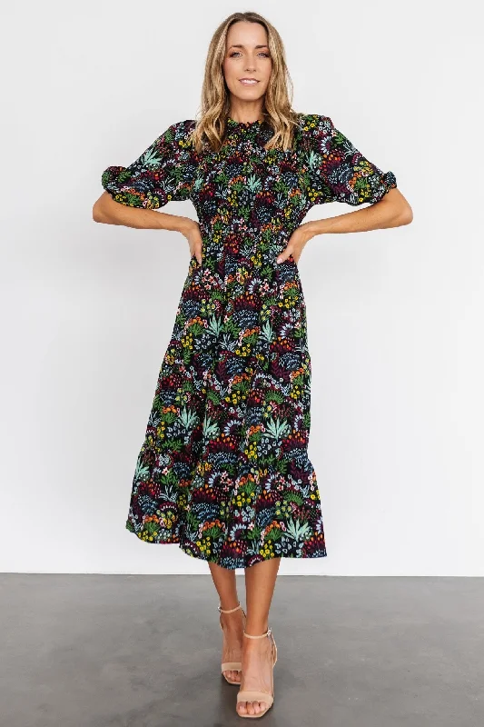 Lena Tiered Midi Dress | Black Multi Floral Trendy Fit-and-Flare Midi Dress