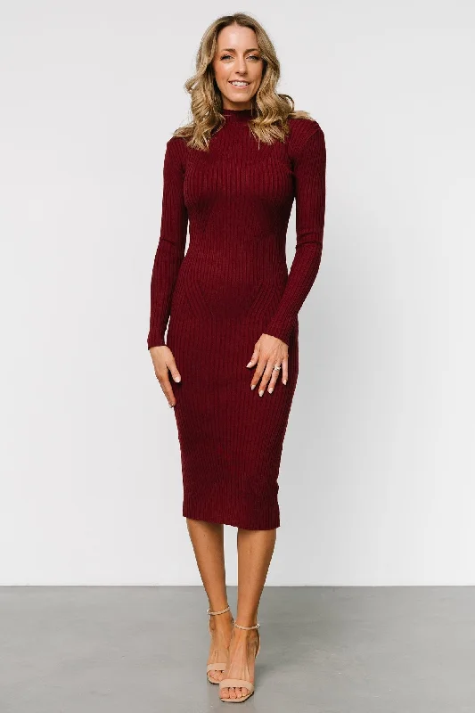 Lindsey Mock Neck Midi Dress | Burgundy Fashionable Pencil Midi Dress