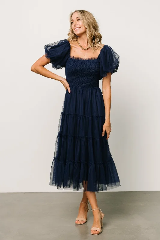 Liv Tulle Midi Dress | Navy Comfortable Deep V Midi Dress