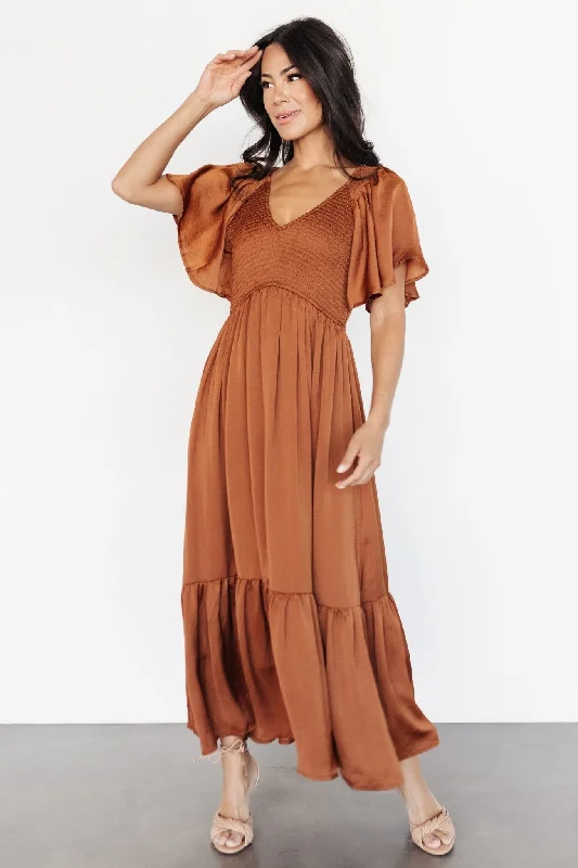 Lovell Smocked Midi Dress | Dark Copper Trendy Knit Midi Dress