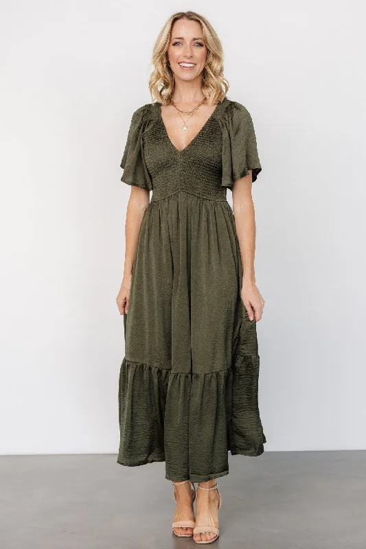 Lovell Smocked Midi Dress | Deep Olive Comfortable Wrap Midi Dress