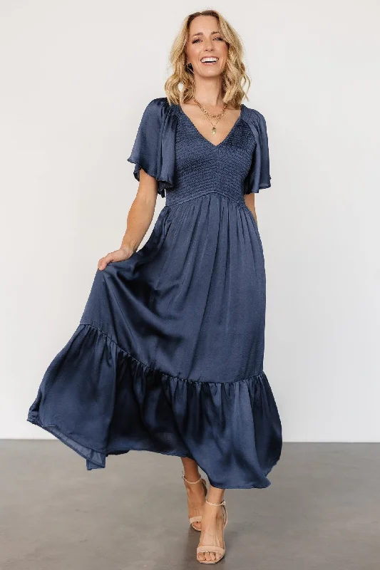 Lovell Smocked Midi Dress | Midnight Blue Trendy Fit-and-Flare Midi Dress