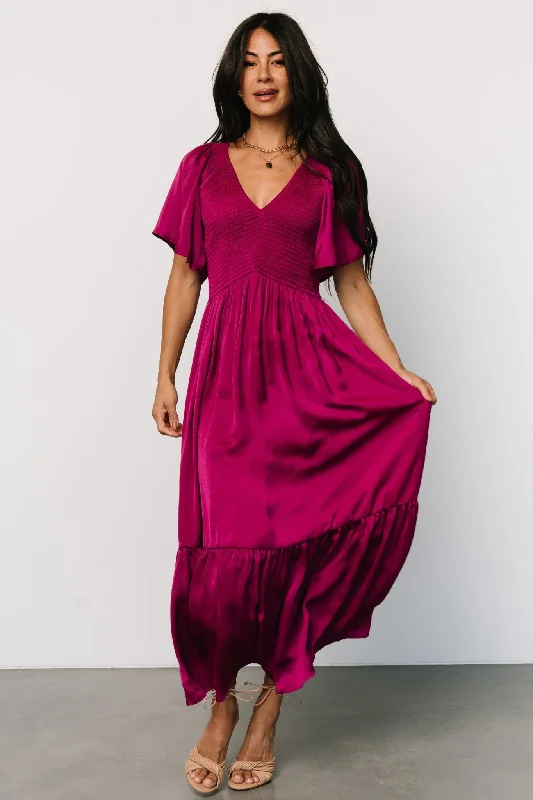 Lovell Smocked Midi Dress | Wine Berry Stylish Off-Shoulder Ruffle Dress