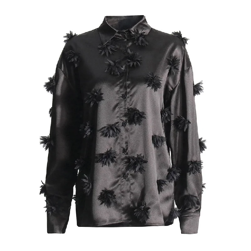 Luxurious 3D Rosette Collared Long Sleeve Button Up Oversized Satin Shirt Chic V-Neck Short Blouse