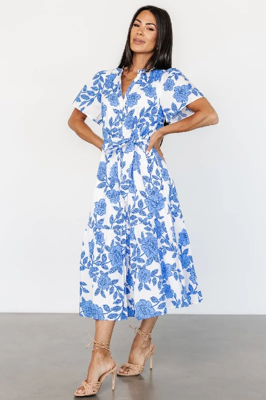 Lydie Button Midi Dress | White + Blue Stylish Midi Dress with Cuffs