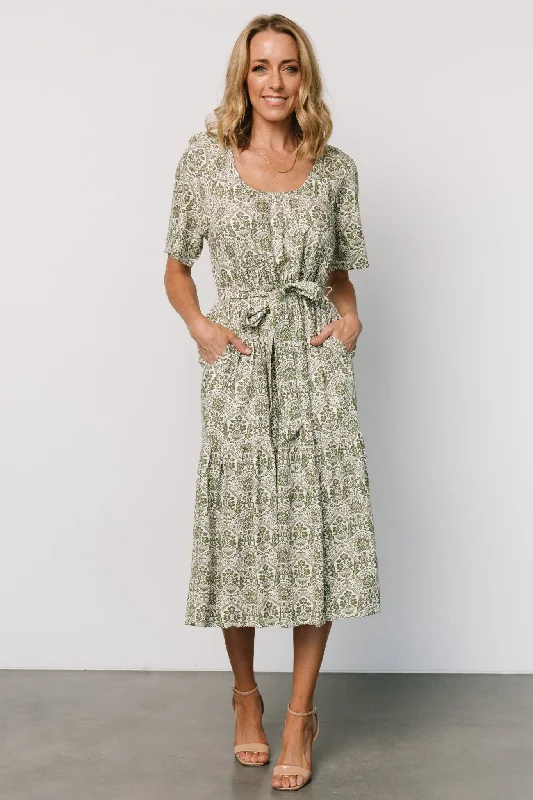 Lyla Midi Dress | White + Olive Print Fashionable Wide Leg Midi Dress