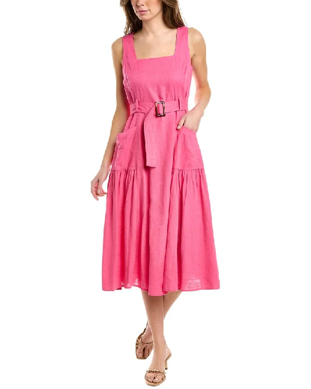 Maison Tara Belted Linen-Blend Midi Dress Trendy Ruched Side Midi Dress