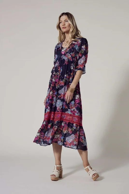 Pre Order Matera Sheer Midi Dress in Indigo Multi LS2754 by Loobie's Story Chic Lace Detail Midi Dress