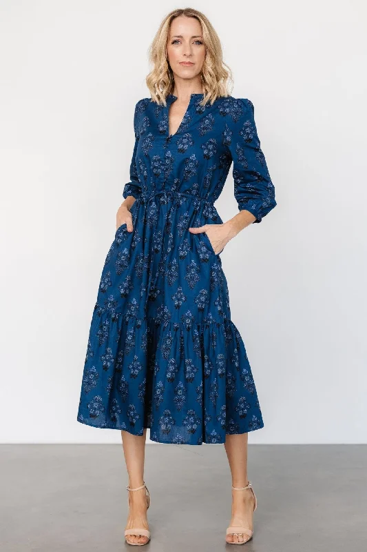 Mira Midi Dress | Deep Blue Print Classic Black Midi Dress