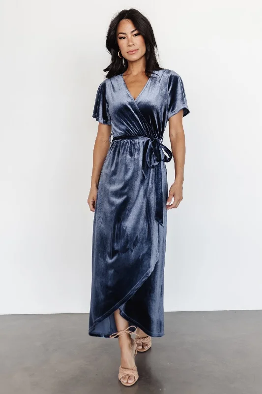 Nadine Velvet Midi Dress | Blue Fashionable Skater Midi Dress