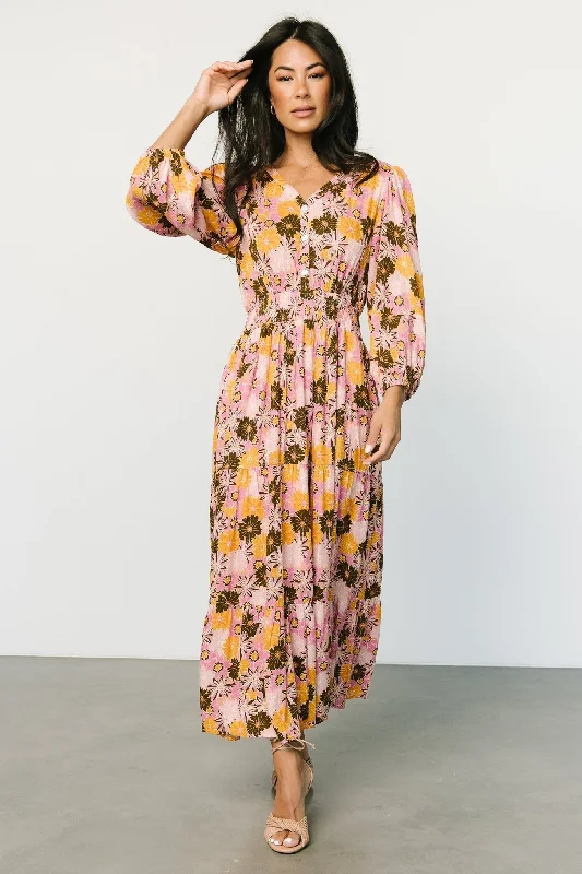 Noa Tiered Midi Dress | Pink + Mustard Comfortable Casual Midi Dress