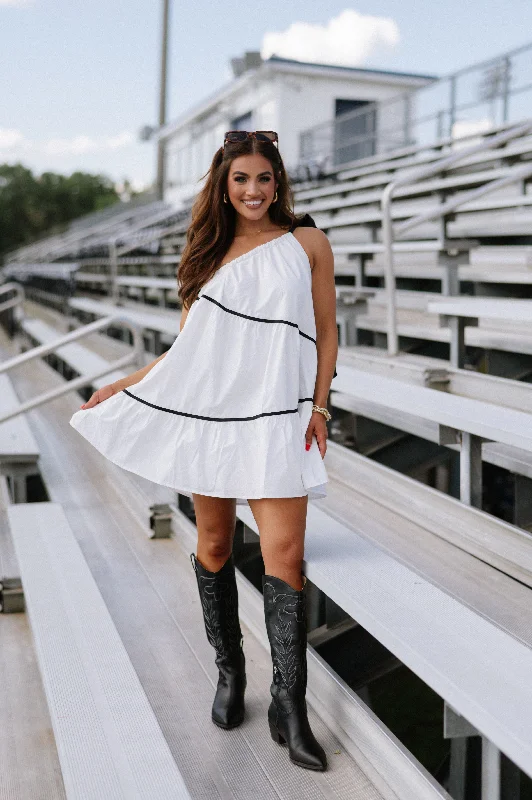 One Shoulder Bow Tie Mini Dress-Off White Chic Mini Dress with V-Neck