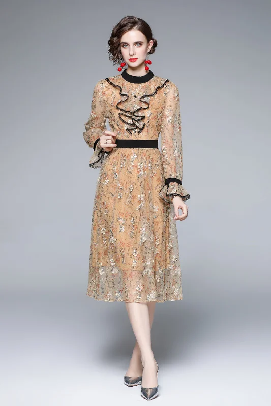 Pale orange Evening Lace Ruffled A-line Crewneck Long Sleeve Midi Dress Stylish Striped Midi Dress