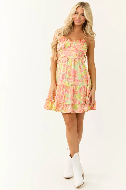 Pastel Yellow Floral Print Satin Mini Dress Elegant Tulle Mini Dress