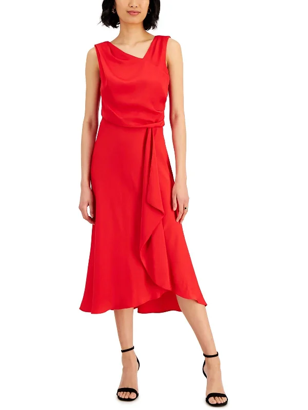 Petites Womens Drapey Calf Midi Dress Chic Off-Shoulder Midi Dress