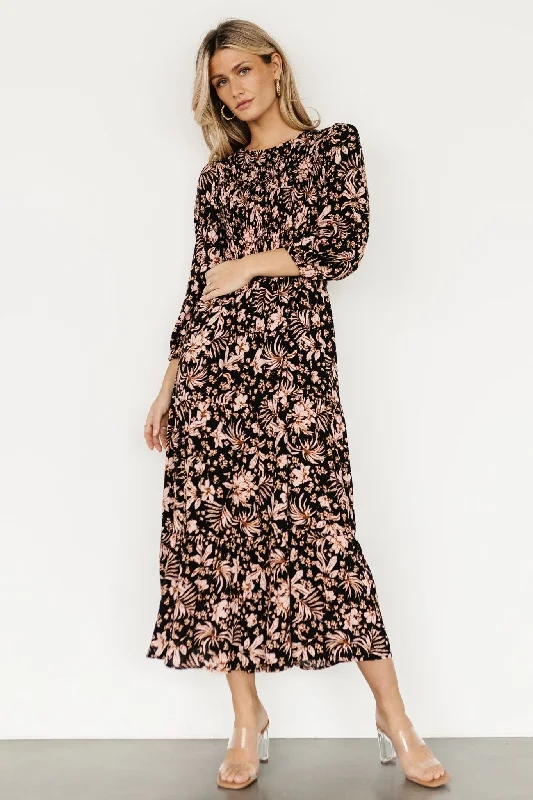 Rochelle Smocked Midi Dress | Black Multi Floral Trendy Flared Sleeve Midi Dress