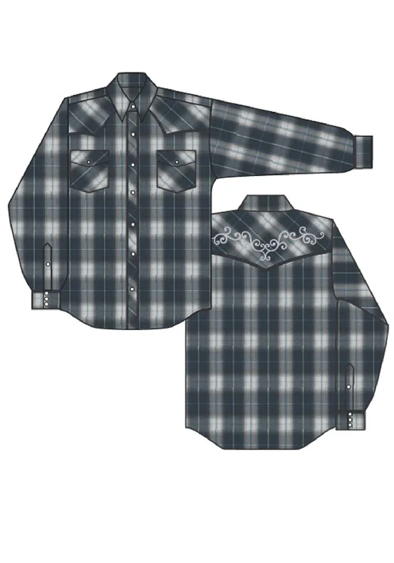 Roper Womens 1509 Large Scale Plaid Navy/Grey Cotton Blend L/S Shirt Soft Cotton Short Tee